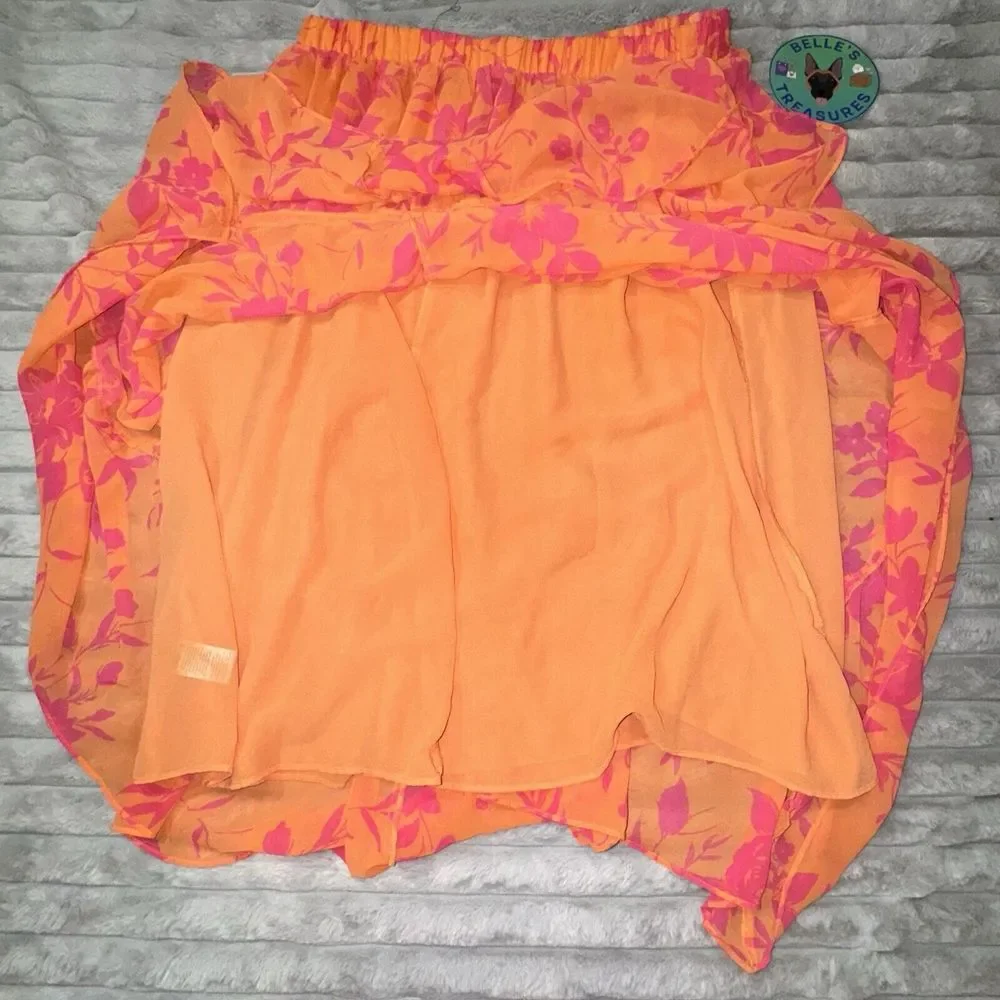 Women's Large 12-14 Orange Pink Chiffon Asymmetric Skirt‎ Y2K 90s Fairy Spring